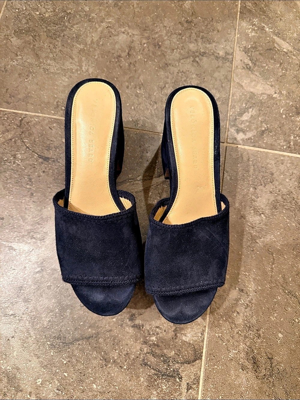 Veronica Beard Via Suede Block-Heel Slide Sandal Blue